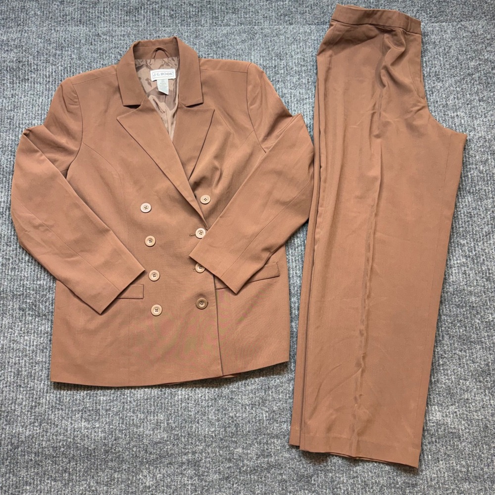 Vintage JG Hook Brown Pant Suit 14P Double Breasted 90s Careerwear Set Business